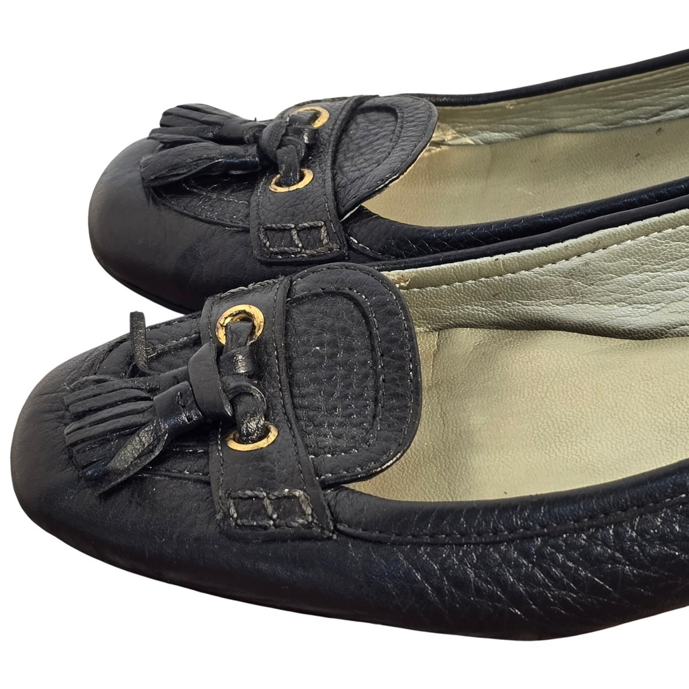 Talbots Black Pebbled Leather Tassel Loafer Pumps Low Block Heel Gold Hardware - Picture 15 of 16